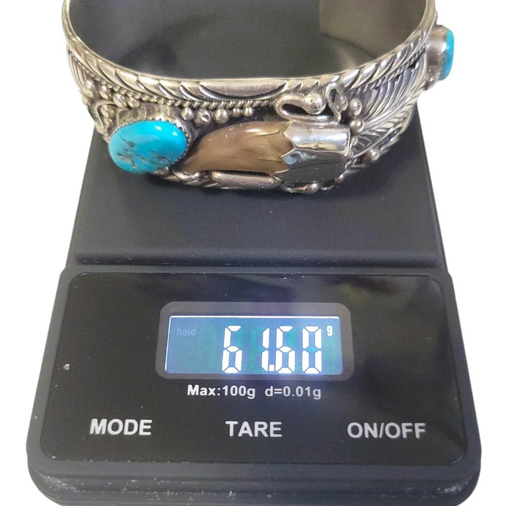 Sterling Silver,Natural Turquoise, Rare Bearclaw "TedJoe" Navajo Cuff Bracelet - Picture 3 of 12